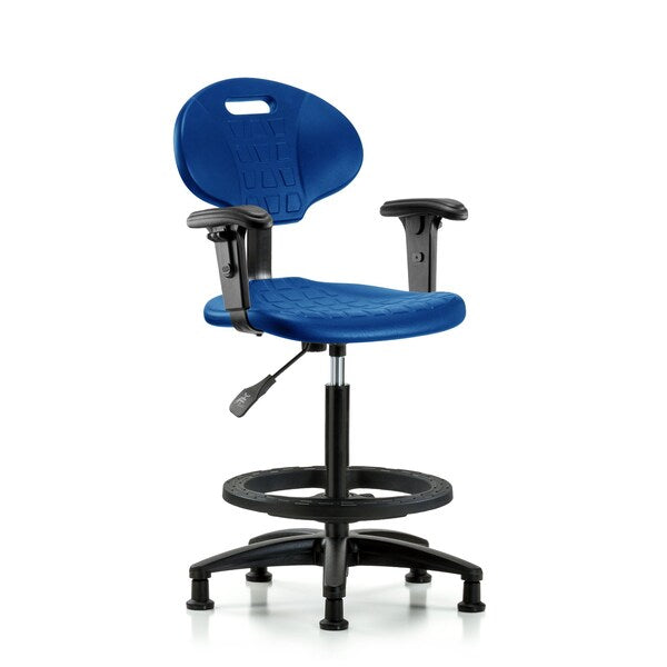 Blue Ridge Ergonomics TPHBCH-RG-A1-BF-RG-BLU Erie Polyurethane Chair - High Bench Height with Black Foot Ring, Adjustable Arms, & Stationary Glides in Blue Polyurethane