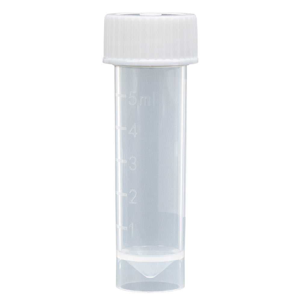 Globe Scientific 6101C Transport Tube 5mL with Attached White Screw Cap PP Conical Bottom Self-Standing Molded Graduations