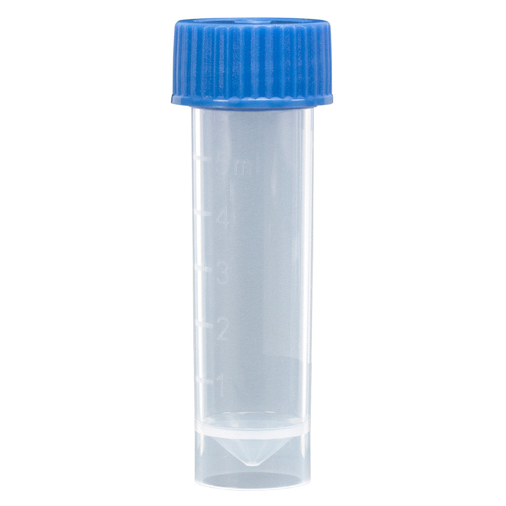Globe Scientific 6101B Transport Tube 5mL with Separate Blue Screw Cap PP Conical Bottom Self-Standing Molded Graduations