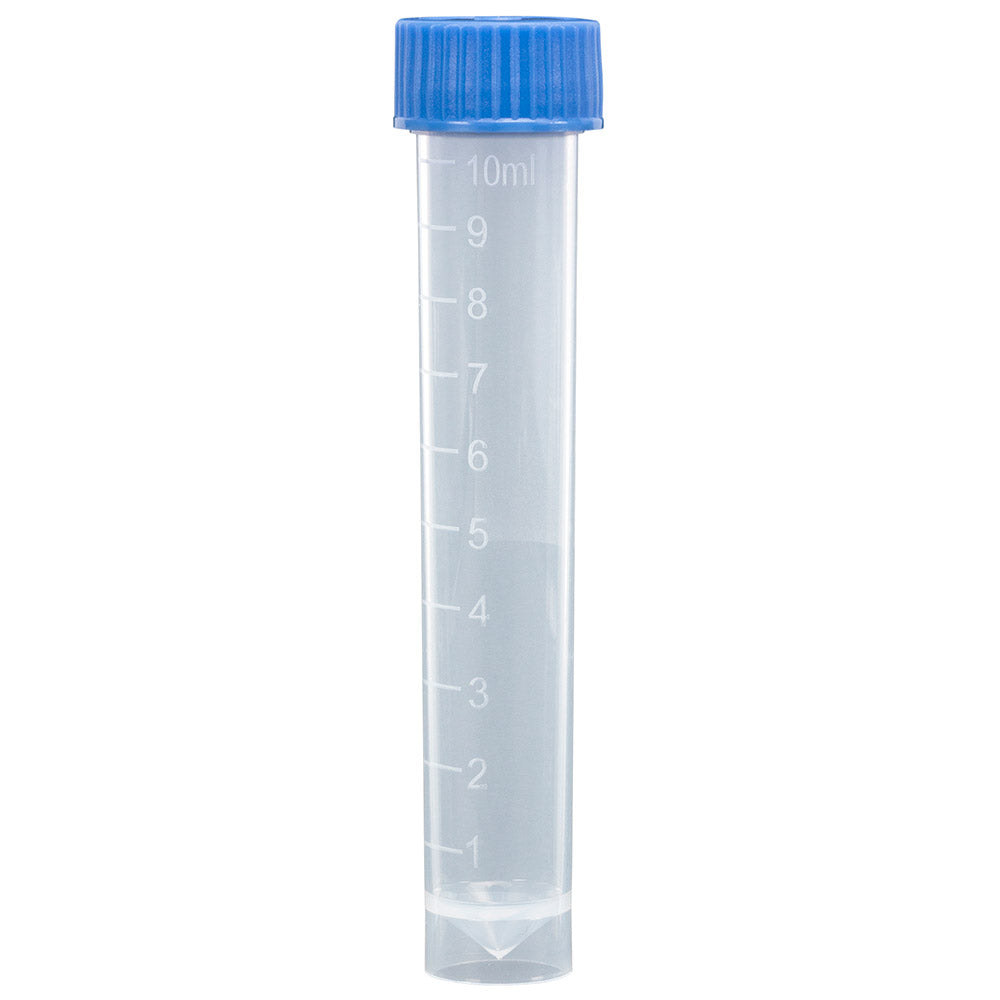 Globe Scientific 6102B Transport Tube 10mL with Separate Blue Screw Cap PP Conical Bottom Self-Standing Molded Graduations