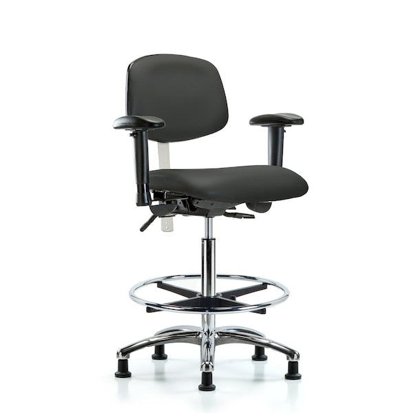 Blue Ridge Ergonomics NCR-VHBCH-CR-T0-A1-CF-RG-8605 Class 100 Vinyl Clean Room Chair - High Bench Height with Adjustable Arms, Chrome Foot Ring, & Stationary Glides in Charcoal Trailblazer™ Vinyl