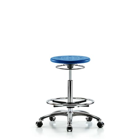 Blue Ridge Ergonomics IPMBSO-CR-CF-RG-BLU Huron Polyurethane Stool Chrome - Medium Bench Height with Chrome Foot Ring & Stationary Glides in Blue Polyurethane