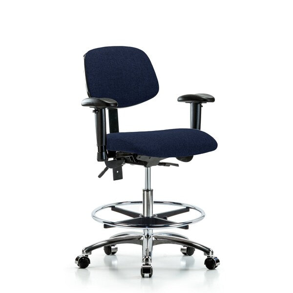 Blue Ridge Ergonomics FMBCH-CR-T1-A1-CF-CC-F45 Rutledge Fabric Chair Chrome - Medium Bench Height with Seat Tilt, Adjustable Arms, Chrome Foot Ring, & Casters in Navy Fabric