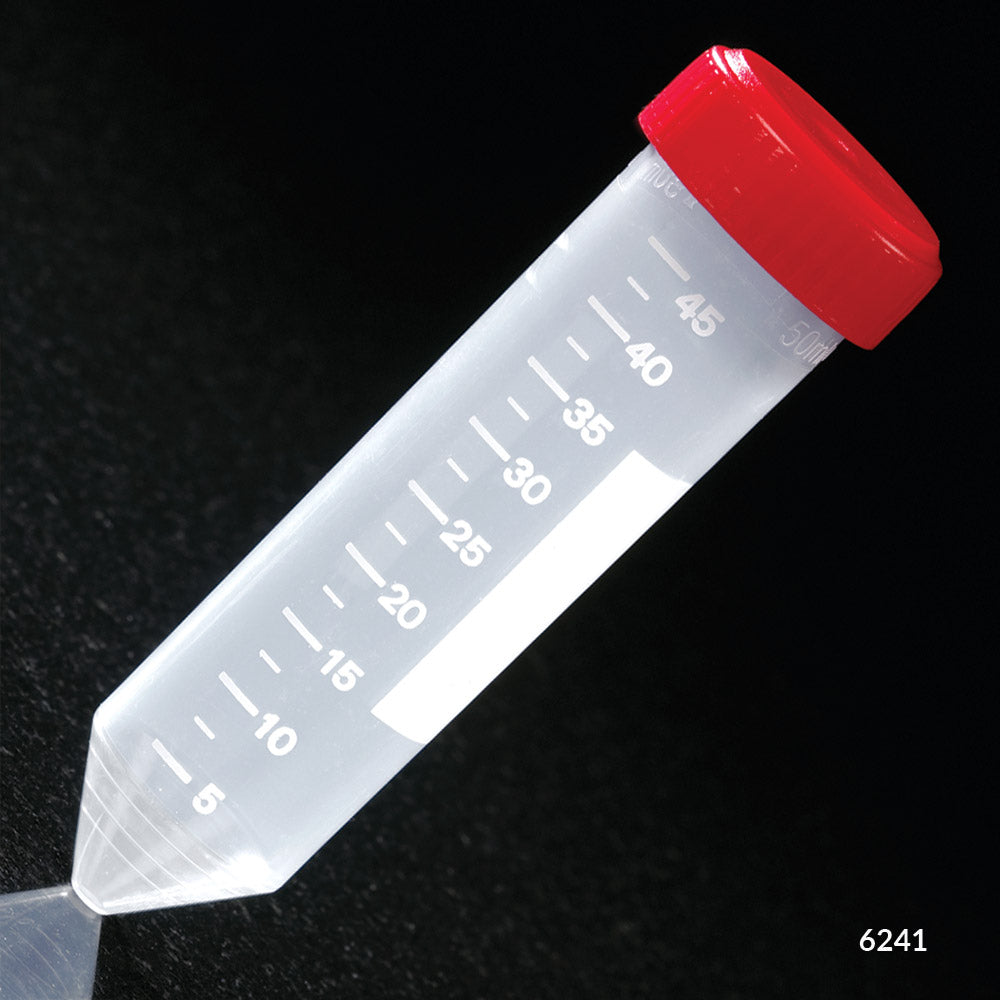 Globe Scientific 6241 Centrifuge Tube 50mL with Attached Red Screw Cap PP Printed Graduations STERILE 25/Bag 20 Bags/Unit