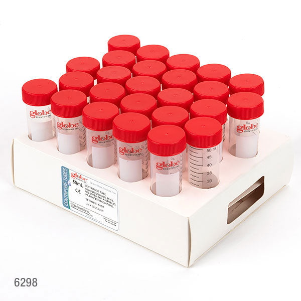 Globe Scientific 6296 Diamond MAX Centrifuge Tube 15mL Attached Red Flat Top Screw Cap PP Printed Graduations STERILE Certified 25/Cardboard Rack 20 Racks/Unit