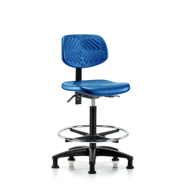 Blue Ridge Ergonomics PHBCH-RG-T1-A0-CF-RG-BLU Polyurethane Chair - High Bench Height with Seat Tilt, Chrome Foot Ring, & Stationary Glides in Blue Polyurethane
