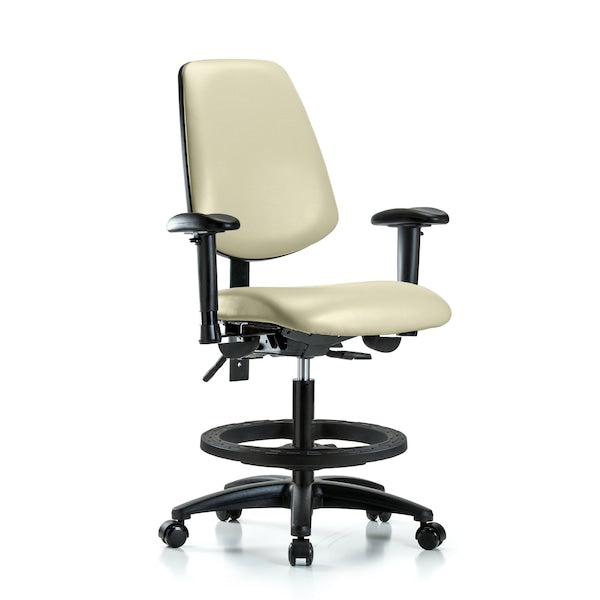 Blue Ridge Ergonomics VMBCH-MB-RG-T0-A1-BF-RC-8501 Rutledge Vinyl Chair - Medium Bench Height with Medium Back, Adjustable Arms, Black Foot Ring, & Casters in Adobe White Trailblazer™ Vinyl