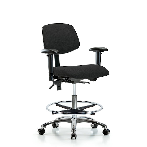 Blue Ridge Ergonomics FMBCH-CR-T0-A1-CF-CC-F42 Rutledge Fabric Chair Chrome - Medium Bench Height with Adjustable Arms, Chrome Foot Ring, & Casters in Black Fabric