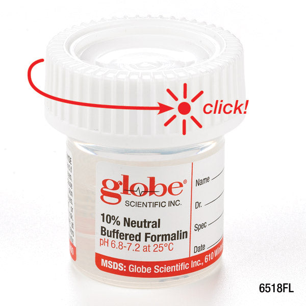 Globe Scientific 6518FL Pre-Filled Container with Click Close Lid Tite-Rite 20mL (0.67oz) PP Filled with 10mL of 10% Neutral Buffered Formalin Attached Hazard Label 24/Box 4 Boxes/Unit