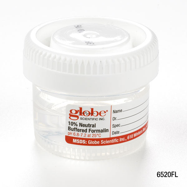 Globe Scientific 6520FL Pre-Filled Container with Click Close Lid Tite-Rite 40mL (1.34oz) PP Filled with 20mL of 10% Neutral Buffered Formalin Attached Hazard Label 24/Box 4 Boxes/Unit