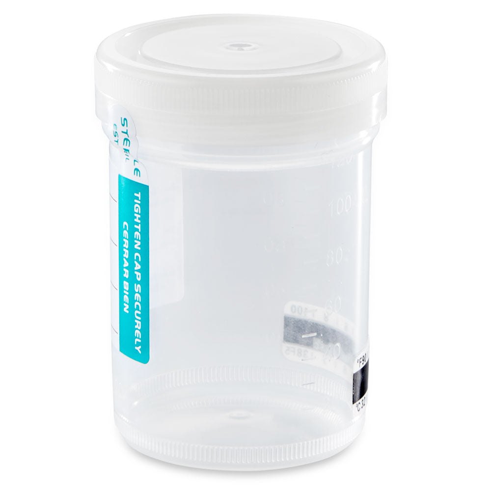 Globe Scientific 6528TP Container Tite-Rite 120mL (4oz) PP STERILE Attached Natural Screw Cap ID Label with Tab Seal and Temperature Strip Graduated