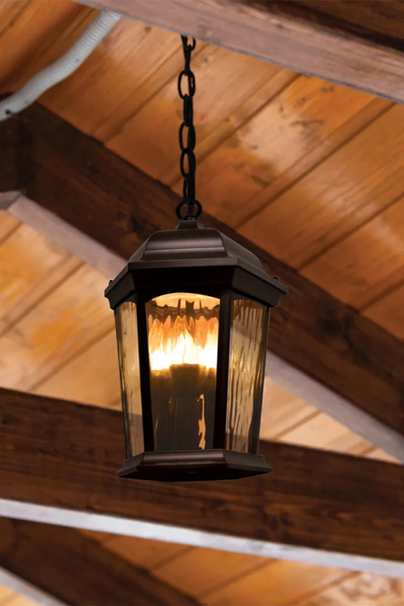 Euri Lighting EHL-130W-MD Decorative Fixture LED Flickering Flame Hanging Lantern with Dual Security Light and Flame Mode Wet Rated Wall Switch Operated, Bronze Finish with Water Glass