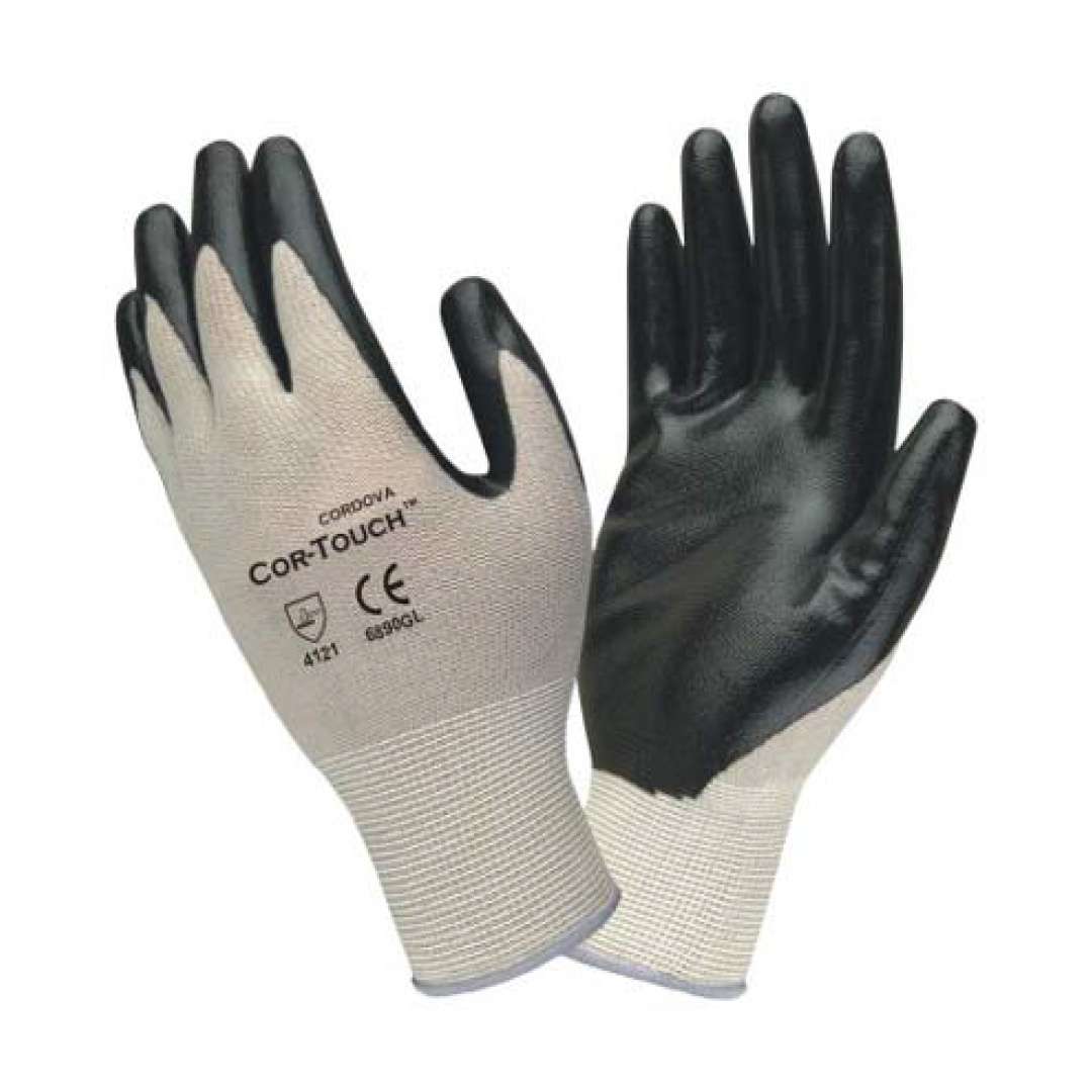 Cordova Safety 6890GS Cor-Touch ™, 13-Gauge, Gray, Nylon Machine Knit Shell with Black Flat Nitrile Palm Coating