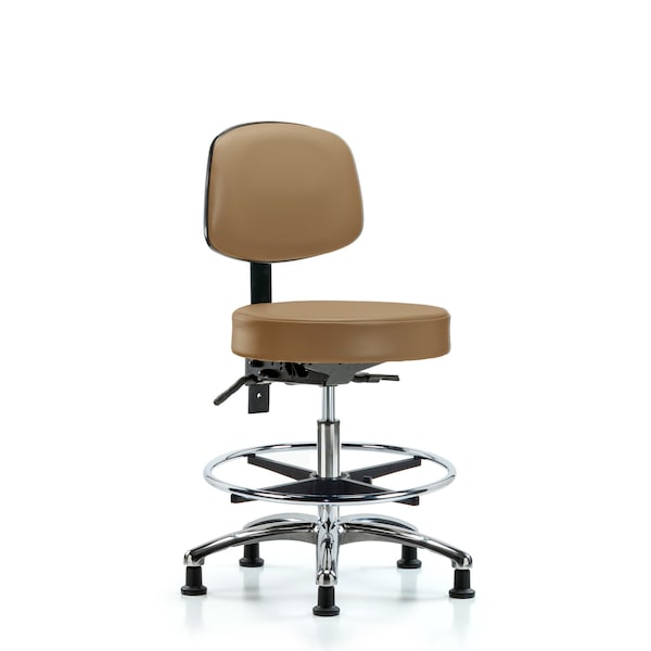 Blue Ridge Ergonomics VMBST-CR-T0-CF-RG-8584 Rutledge Vinyl Stool with Back Chrome - Medium Bench Height with Chrome Foot Ring & Stationary Glides in Taupe Trailblazer™ Vinyl