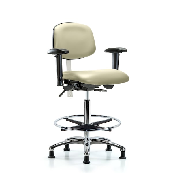 Blue Ridge Ergonomics NCR-VHBCH-CR-T0-A1-CF-RG-8501 Class 100 Vinyl Clean Room Chair - High Bench Height with Adjustable Arms, Chrome Foot Ring, & Stationary Glides in Adobe White Trailblazer™ Vinyl