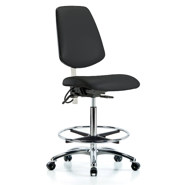Blue Ridge Ergonomics NECR-VHBCH-MB-CR-T0-A0-CF-EC-ESDBLK Class 100 Vinyl Clean Room/ESD Chair - High Bench Height with Medium Back, Chrome Foot Ring, & ESD Casters in Black ESD Vinyl