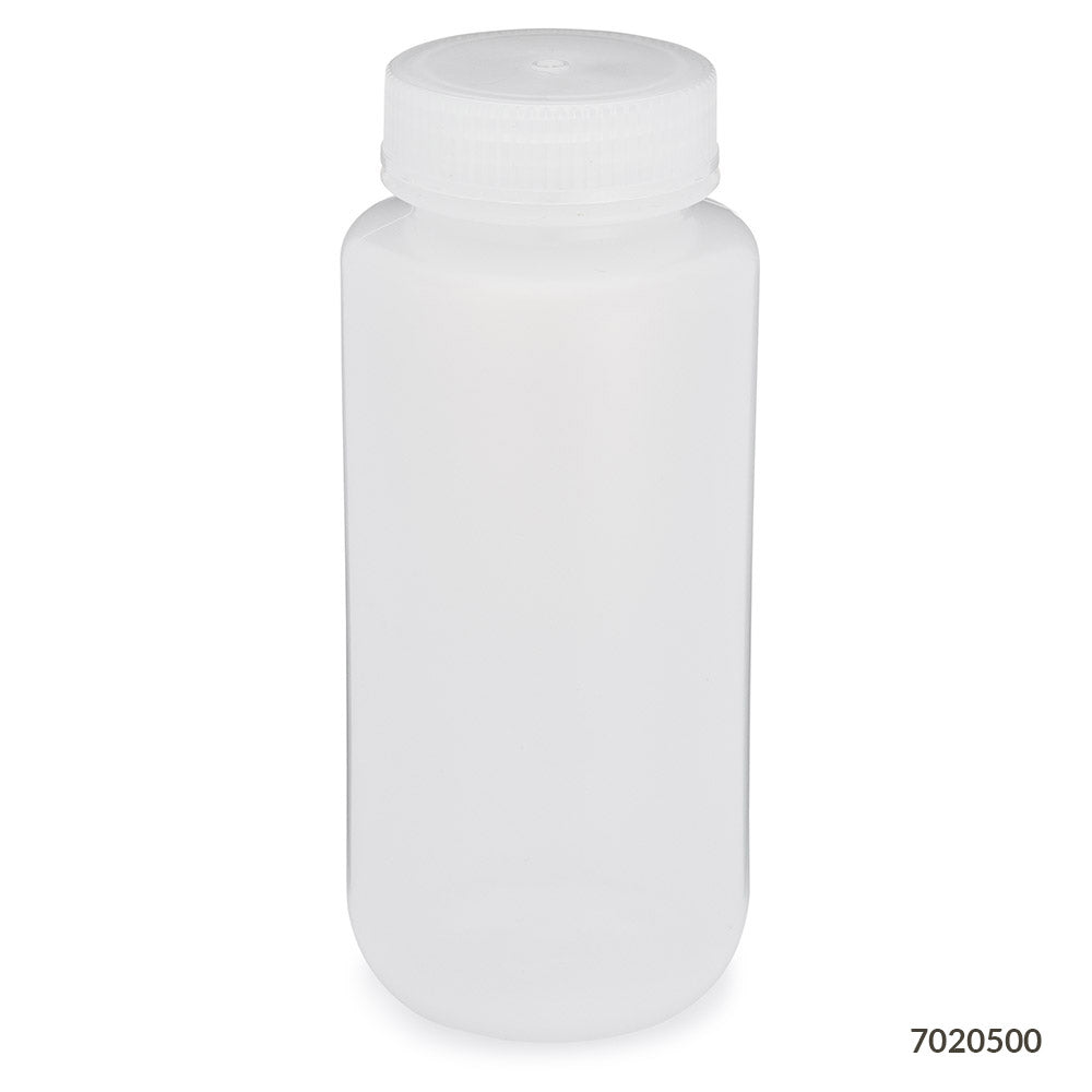 Globe Scientific 7020500 Bottle Wide Mouth LDPE Bottle Attached PP Screw Cap 500mL 12/Pack