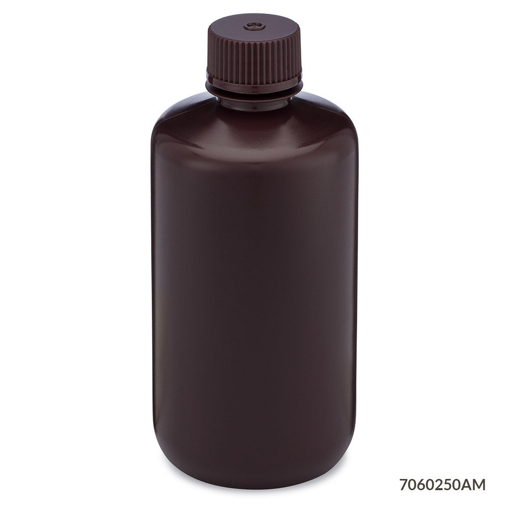 Globe Scientific 7060250AM Bottle Narrow Mouth HDPE Bottle Attached PP Screw Cap Amber 250mL 12/Pack