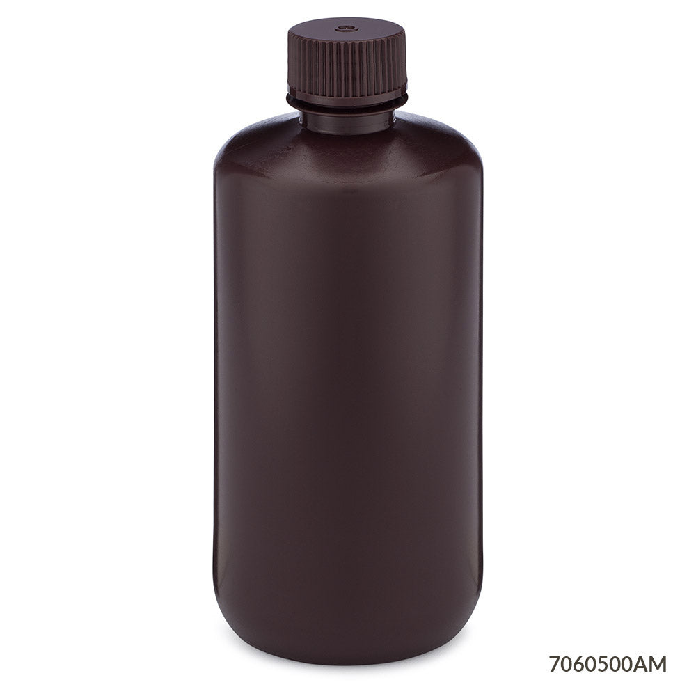 Globe Scientific 7060500AM Bottle Narrow Mouth HDPE Bottle Attached PP Screw Cap Amber 500mL 12/Pack