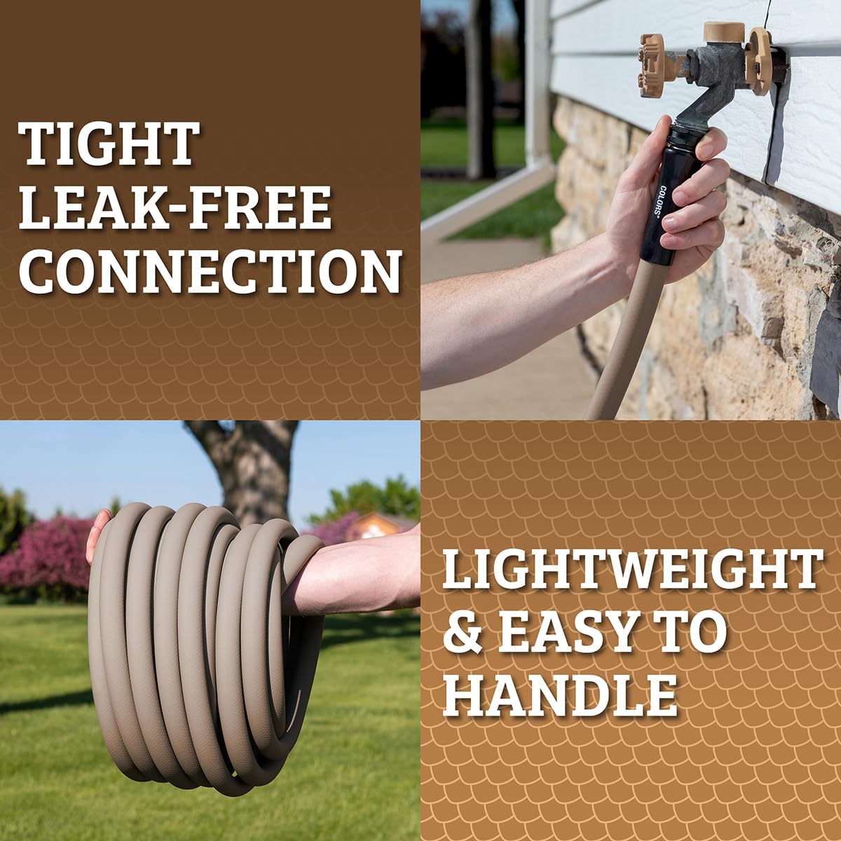 Colors HFZC510BR-E Std Grip Garden Hose 5/8" x 10' 3/4" - 11 1/2 GHT Fittings, Brown Mulch