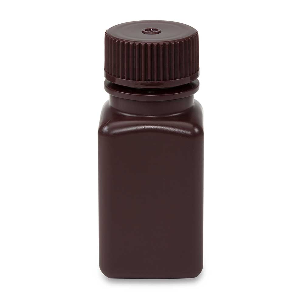 Globe Scientific 7180060AM Bottle Wide Mouth Square Amber HDPE Attached PP Screw Cap 60mL 12/Pack