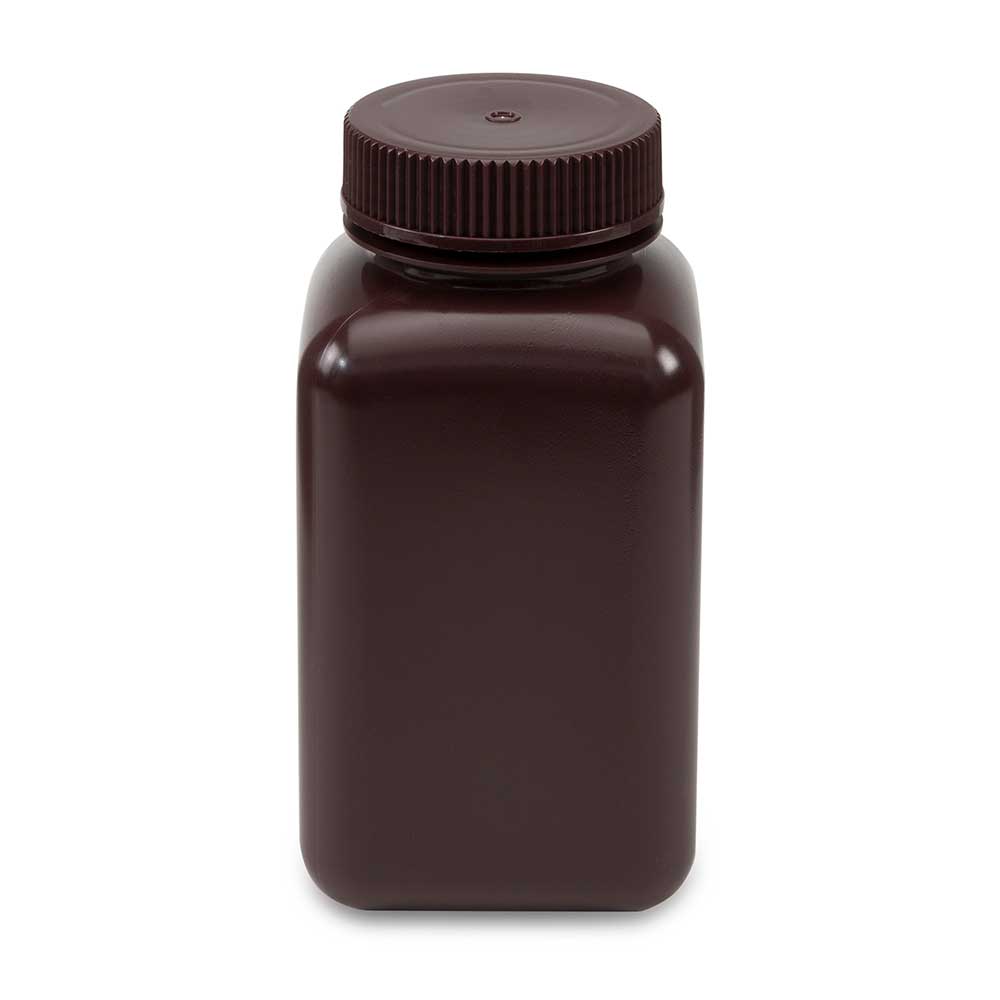 Globe Scientific 7180500AM Bottle Wide Mouth Square Amber HDPE Attached PP Screw Cap 500mL 12/Pack