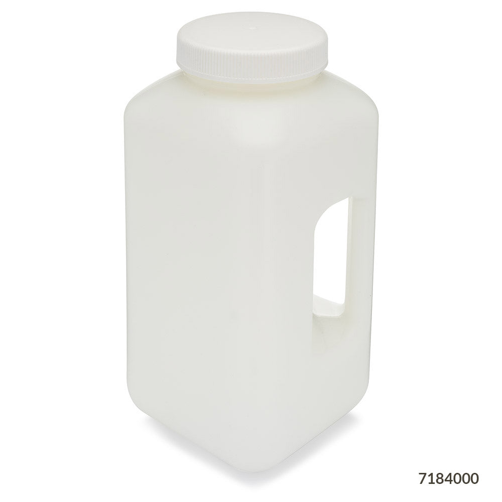 Globe Scientific 7184000 Bottle Large Wide Mouth with Handle Square HDPE Bottle 100mm PP Screw Cap 4 Litres (1.0 Gallons)