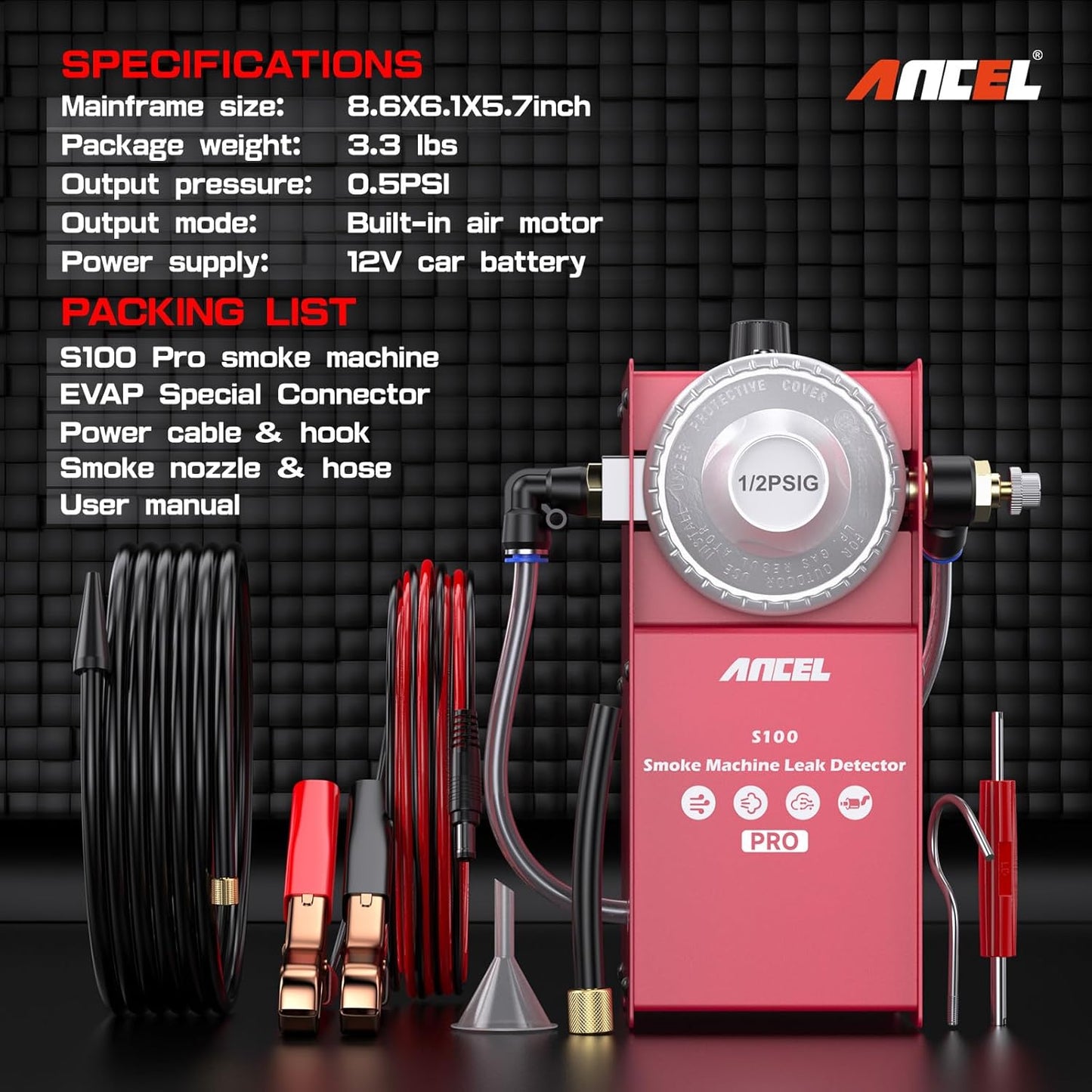 Ancel S100 Automotive EVAP Smoke Machine Leak Detector – 12V Car Vacuum & Intake System Diagnostic Smoke Tester