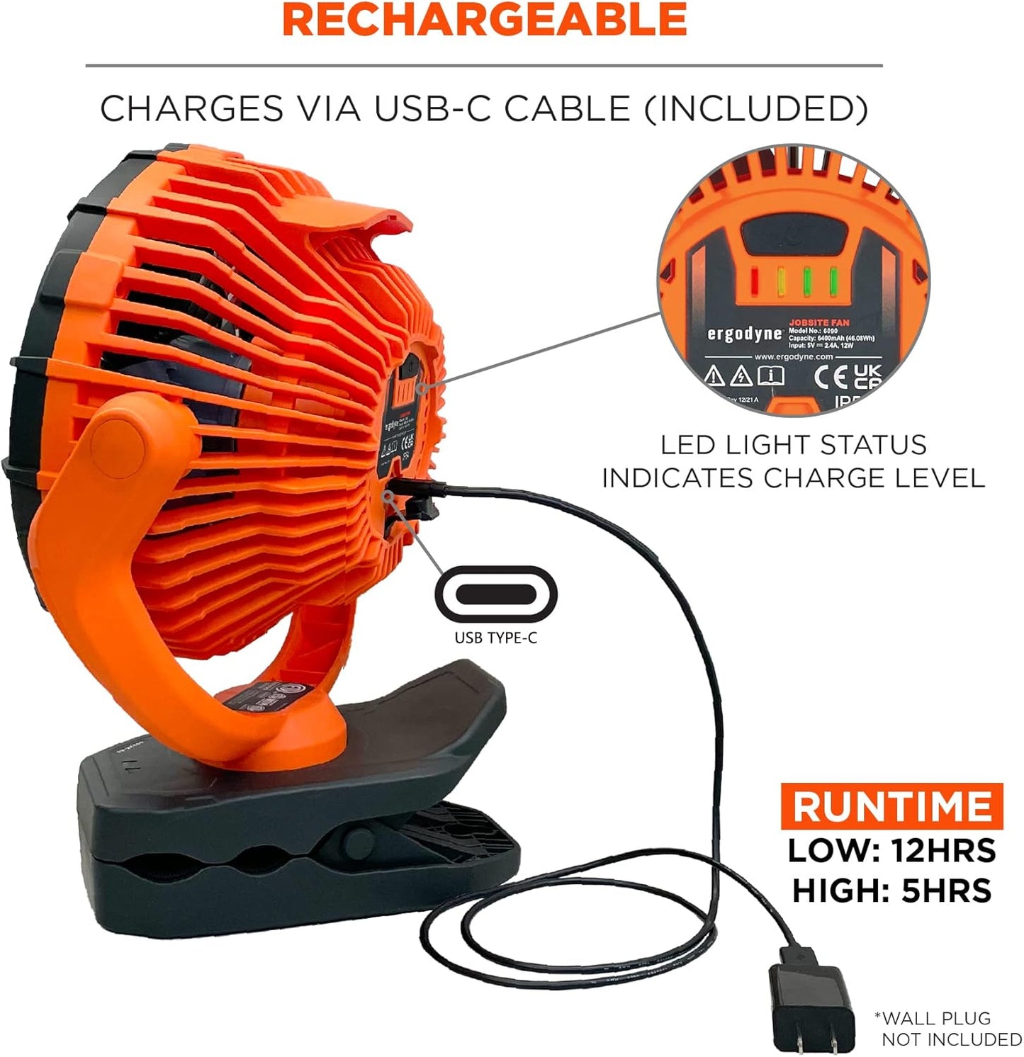 Ergodyne 12800 Chill-Its 6090 Rechargeable Portable Jobsite Fan