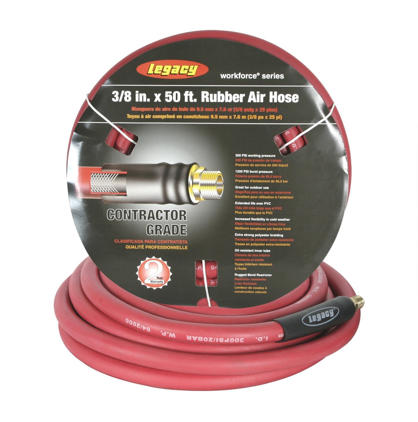 Workforce HRE3850RD2 Air Hose, 3/8" x 50', 1/4" Fittings, Red, Rubber