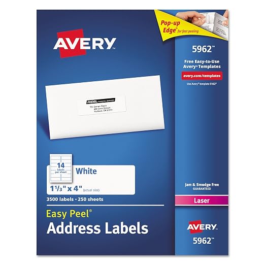 Avery® AVE5962 Easy Peel White Mailing Labels - Permanent Adhesive - 1.33" Width X 4" Length - 14 / Sheet - Rectangle - Laser - White - 3500 / Box