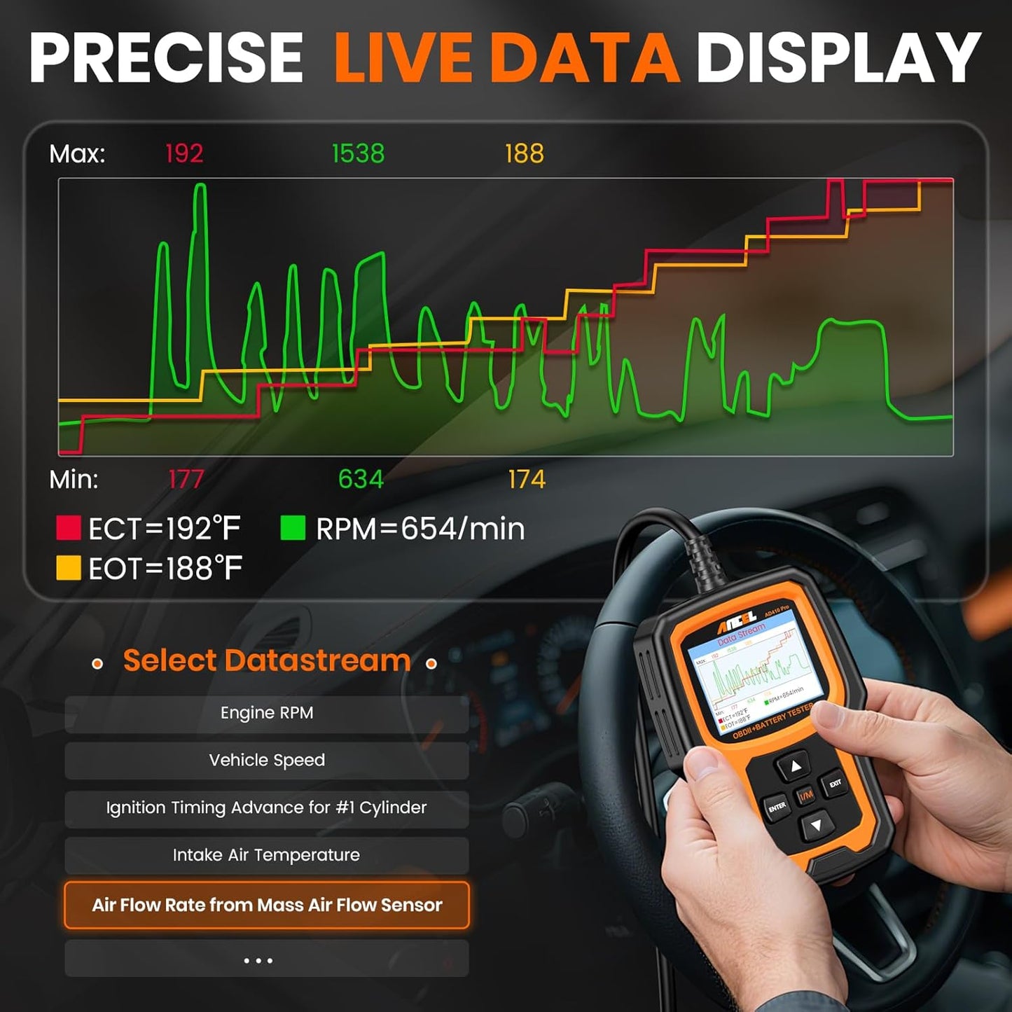 Ancel AD410 PRO 2-in-1 OBD2 Car Code Reader & Battery Load Tester – Engine Scanner with Live Data, EVAP Test & 6V/12V Battery Analyzer