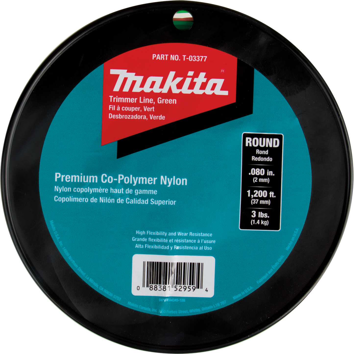 Makita T-03377 Round Trimmer Line, 0.080, Green, 1,200™, 3 lbs.