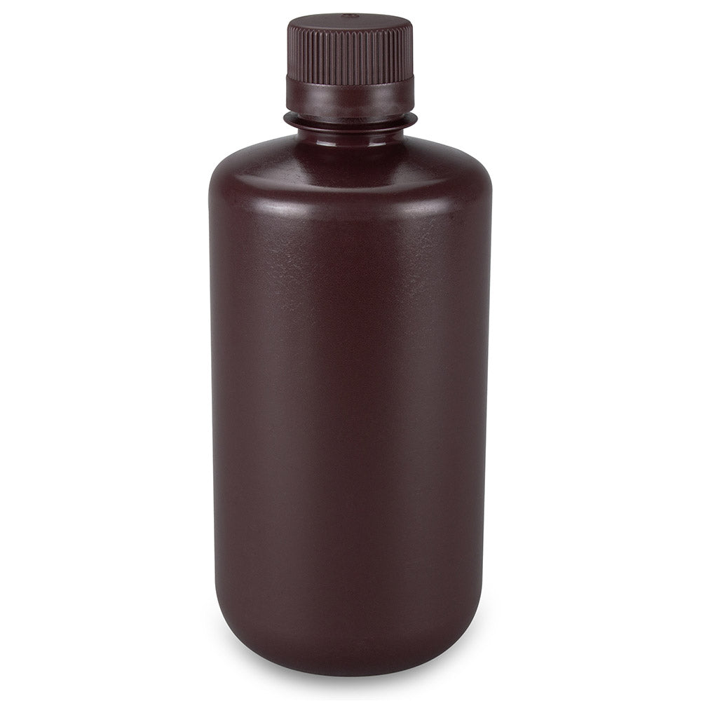 Globe Scientific 7561000AMBKS Bottle Narrow Mouth Boston Round Amber HDPE with Amber PP Closure 1000mL Bulk Packed with Bottles and Caps Bagged Separately 50/Case