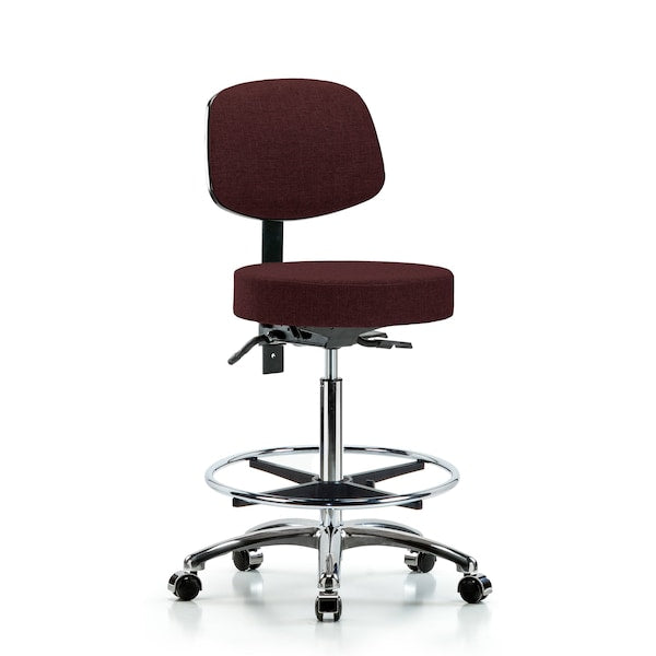 Blue Ridge Ergonomics FHBST-CR-T1-CF-CC-F41 Rutledge Fabric Stool with Back Chrome - High Bench Height with Seat Tilt, Chrome Foot Ring, & Casters in Burgundy Fabric