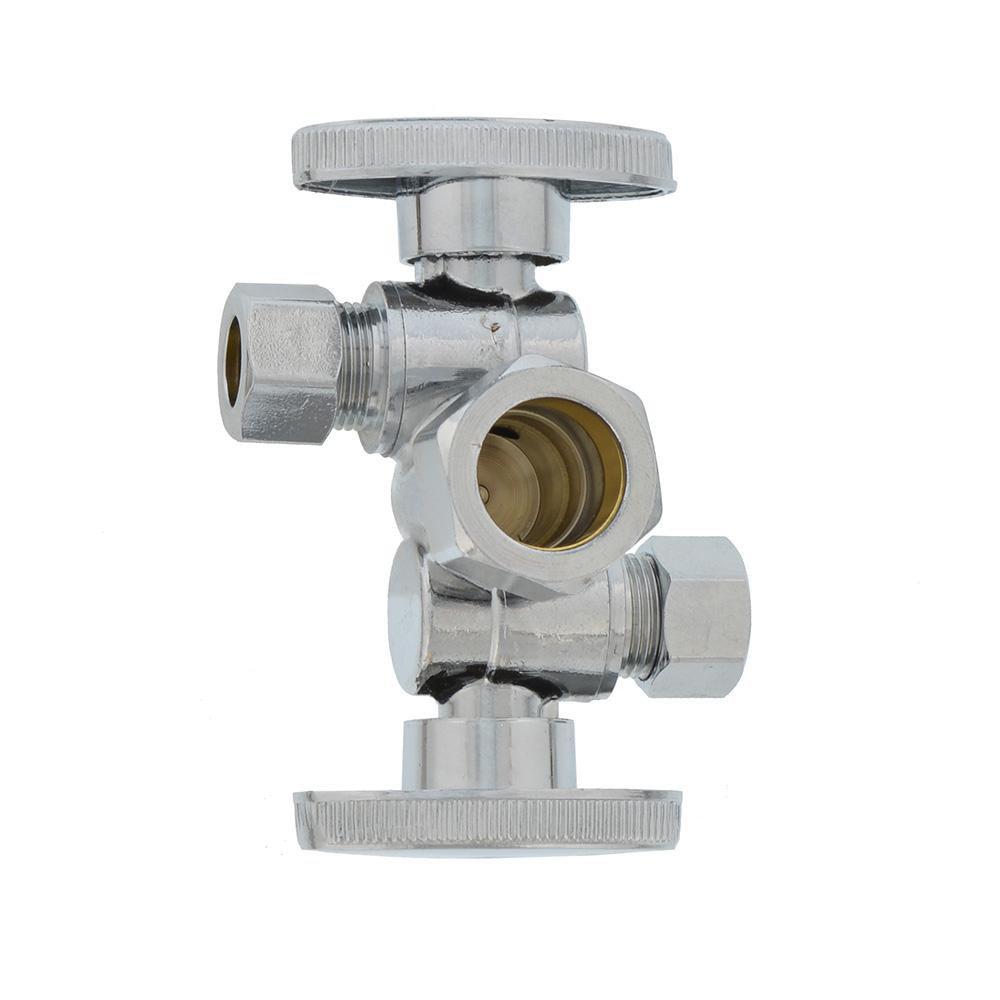 Jones Stephens S10405 5/8" OD Comp x 3/8" OD Comp x 3/8" OD Comp Quarter-Turn Dual Outlet and Handle Supply Stop Valve, Chrome Plated