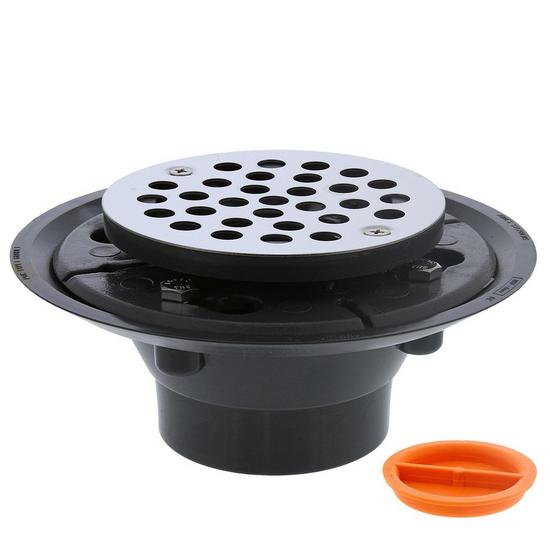 Jones Stephens D50001TP 2" x 3" PVC Shower Drain with 2" PVC Spud and 4" Round Stainless Steel Strainer with Test Plug