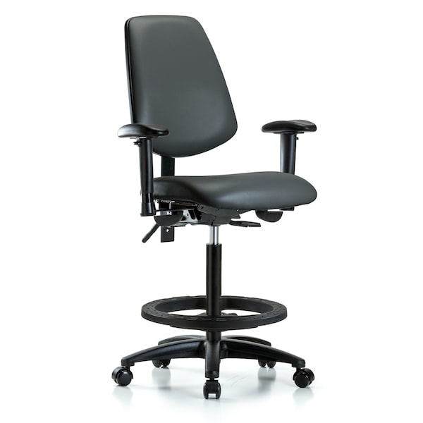 Blue Ridge Ergonomics VHBCH-MB-RG-T0-A1-BF-RC-8823 Rutledge Vinyl Chair - High Bench Height with Medium Back, Adjustable Arms, Black Foot Ring, & Casters in Carbon Supernova™ Vinyl