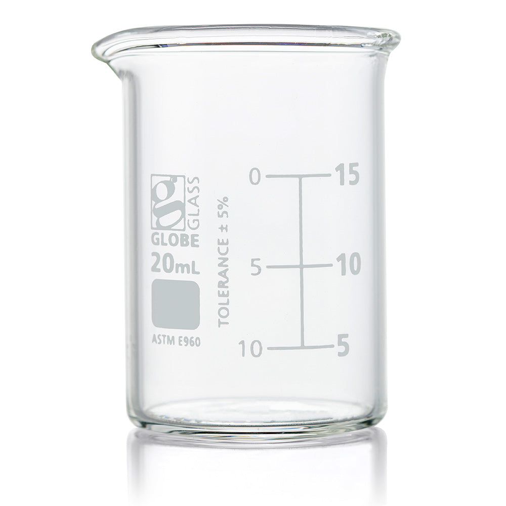 Globe Scientific 8010020 Beaker Globe Glass 20mL Low Form Griffin Style Dual Graduations ASTM E960 12/Box