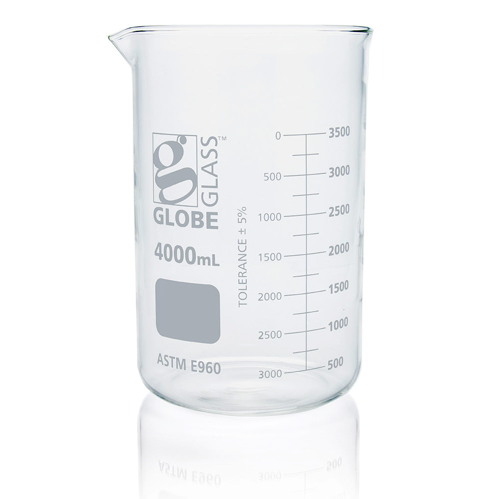 Globe Scientific 8014000 Beaker Globe Glass 4000mL Low Form Griffin Style Dual Graduations ASTM E960 1/Box