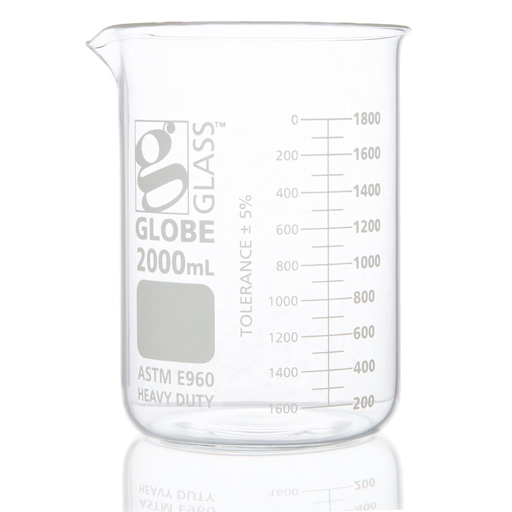 Globe Scientific 8022000 Beaker Globe Glass 2000mL Low Form Griffin Style Heavy Duty Dual Graduations ASTM E960 4/Box