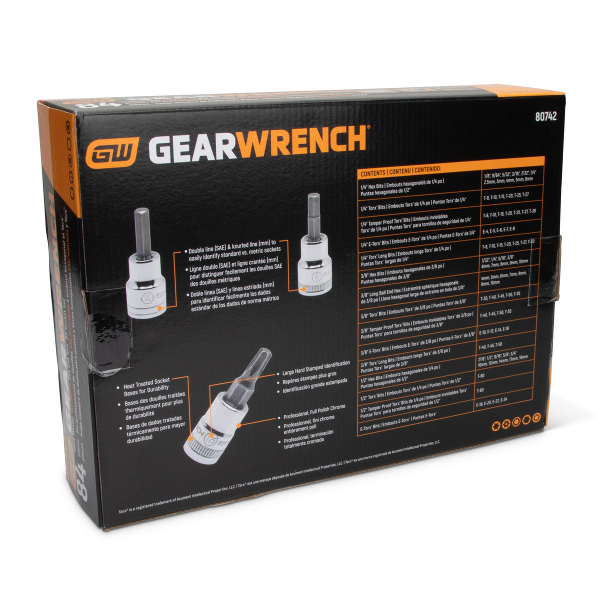 Gearwrench 80742 84 Piece 1/4", 3/8" & 1/2" Drive Hex/Ball End Hex/Tamper Proof Torx®/External Torx®/Torx® SAE/Metric Bit Set