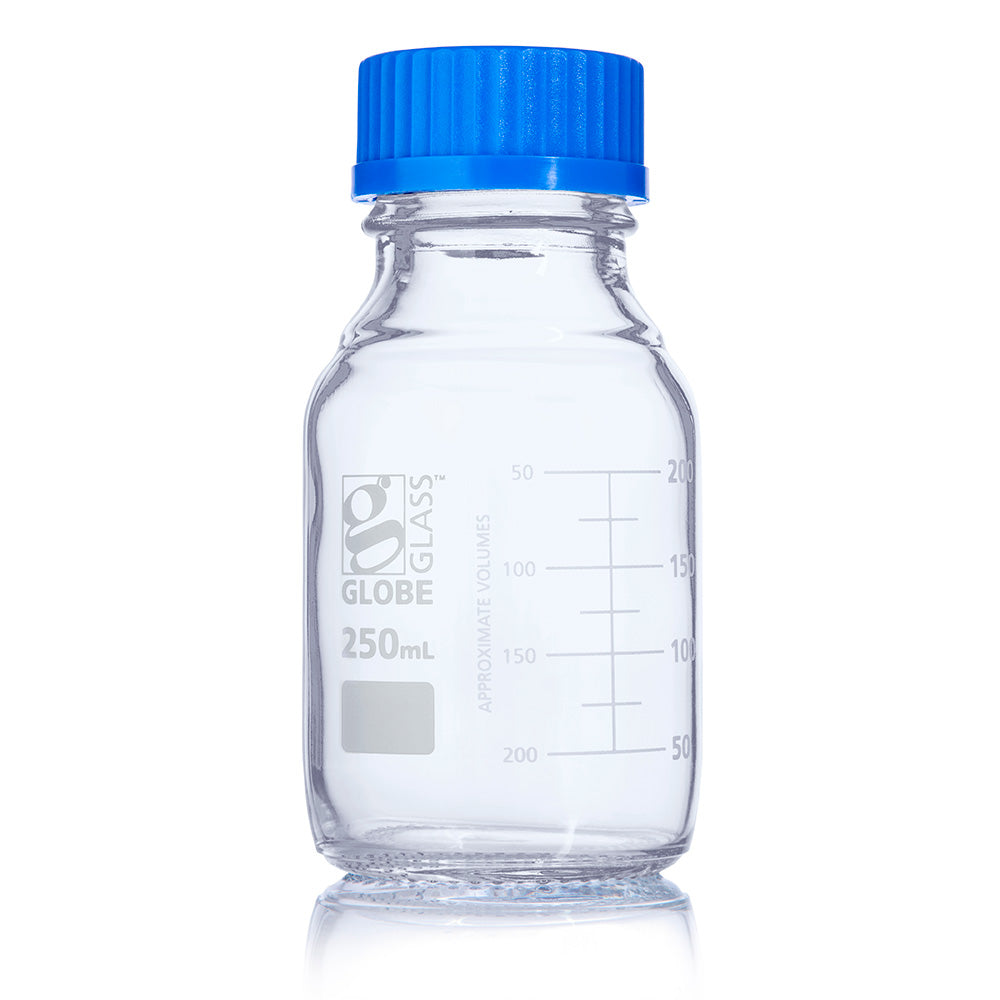 Globe Scientific 8100250 Bottle Media Globe Glass 250mL GL45 Screw Cap Dual Graduations 10/Box
