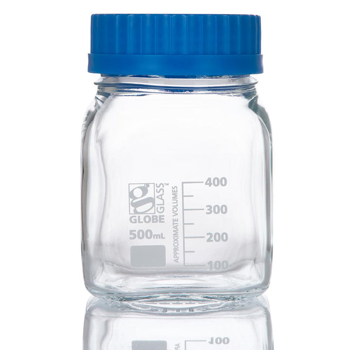 Globe Scientific 8120500 Bottle Square Media Wide Mouth Globe Glass 500mL GL80 Screw Cap 10/Box