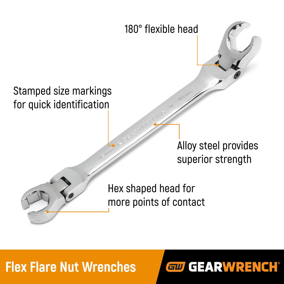 Gearwrench 89100 5 Piece Ratcheting Flex Head Flare Nut SAE Wrench Set