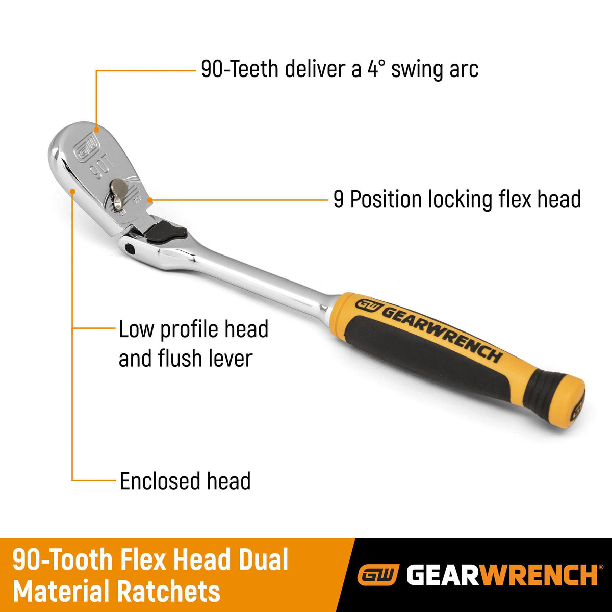 Gearwrench 81372T 1/2" Drive 90-Tooth Dual Material Locking Flex Head Teardrop Ratchet 24"