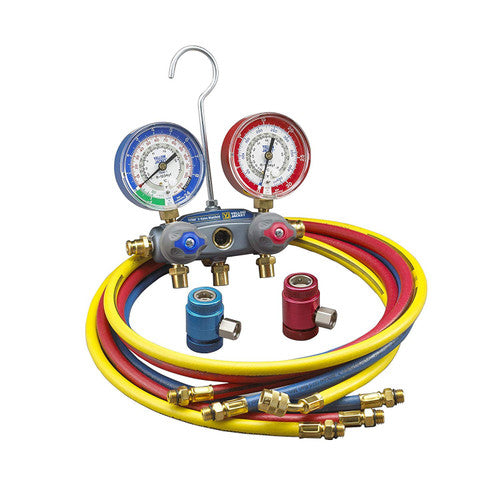 Yellow Jacket 49849 TITAN 2-Valve Refrigerant Charging Manifold Kit with 72" PLUS II SAE RYB Hoses, Couplers, and R1234yf Compatibility (Bar/psi/kPa, °F/°C Gauges)
