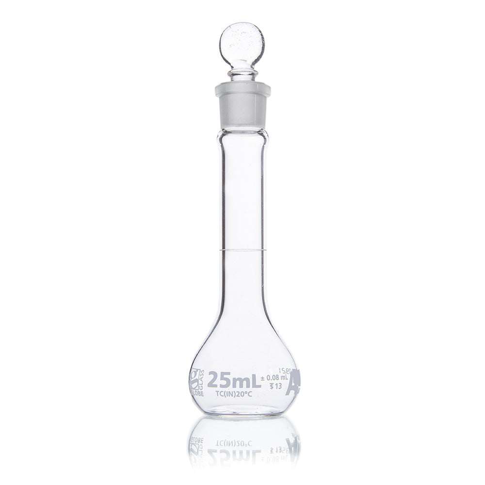 Globe Scientific 8230025 Flask Volumetric Wide Mouth Globe Glass 25mL Class A To Contain (TC) ASTM E288 6/Box