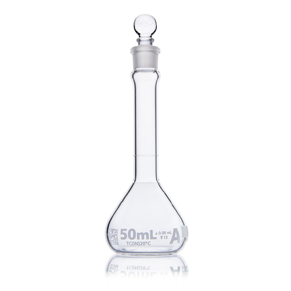 Globe Scientific 8230050 Flask Volumetric Wide Mouth Globe Glass 50mL Class A To Contain (TC) ASTM E288 6/Box