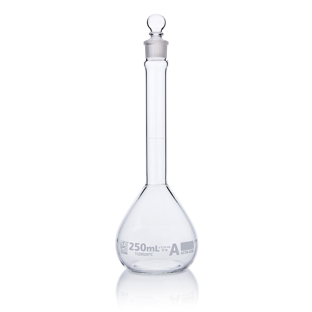Globe Scientific 8230250 Flask Volumetric Wide Mouth Globe Glass 250mL Class A To Contain (TC) ASTM E288 6/Box